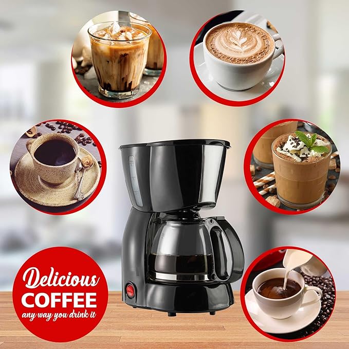 4 Cup Coffee Maker with Glass Carafe – Compact Drip Brewer with Reusable Filter Warming Plate BPA-Free Design Black White and Blue (Black)