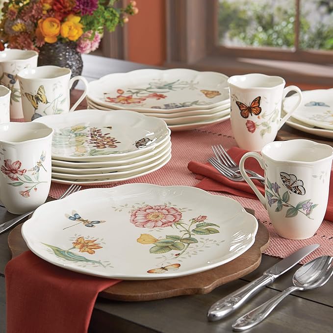 Lenox Dinnerware Set Butterfly Meadow 18-Piece Set Service For 6 White Porcelain Butterfly And Flower Designs Plates And Bowls Sets Dishwasher Safe Home &amp Kitchen (18 Pieces Assorted)