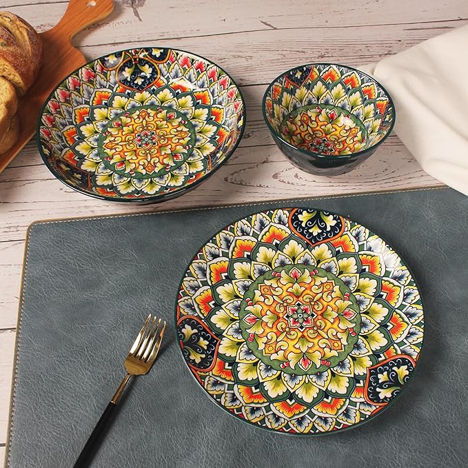 YA JU Mandala Dinnerware Sets (12 Pcs) Serves 4 Buffet Dinnerware Boho Plates and Bowls Dish Set with 8 salad Plate 8 Dessert Plate 4.8 bowl apply Casual dining Indoor Outdoor Dining Party