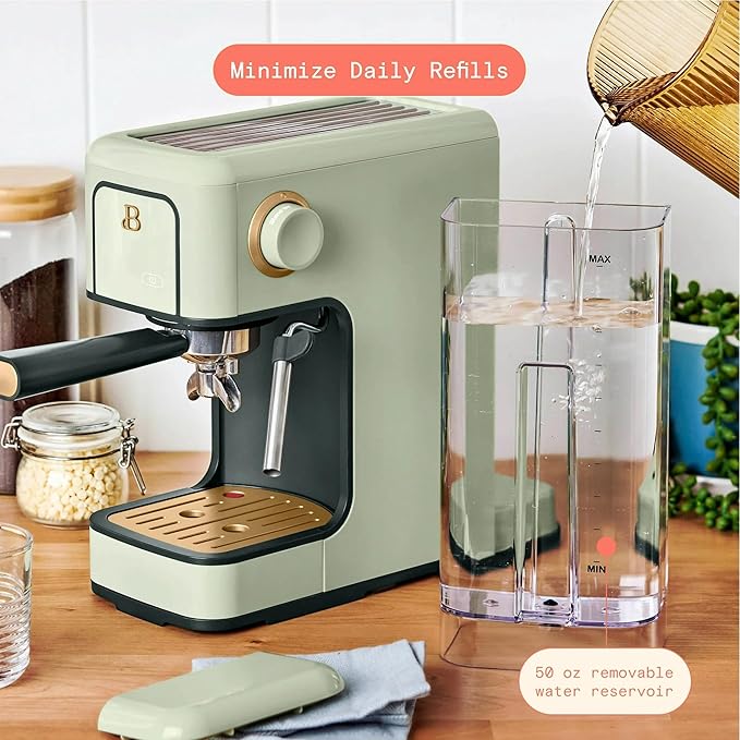 B Slim Espresso Maker by Drew Barrymoree with 20-Bar Pressure Touch-Activated Display and Steam Wand for Latte &amp Cappuccino (Sage Green)
