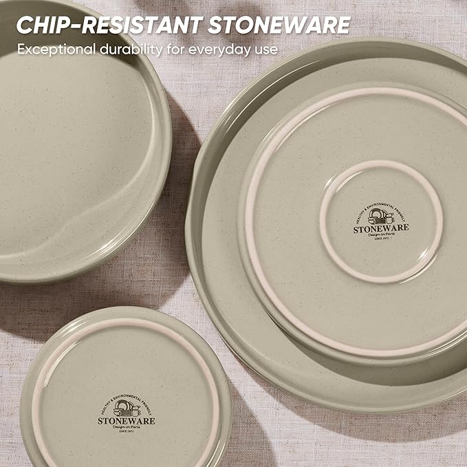 E-far 16-Piece Plates and Bowls Sets - Stoneware Dinnerware Sets with Pasta Bowls for 4 | Microwave &amp Dishwasher Safe Kitchen Modern Dish Set Speckled Khaki