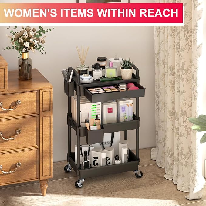 Goovilla 3 Tier Rolling Utility Cart Organizer with Removable Drawer Stable and Sturdy Black Rolling Storage Carts with 2 Lockable Wheels for Bathroom Kitchen Snack Craft Makeup Baby Essentials