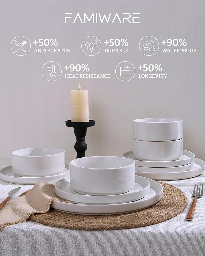 Famiware Nebula Plates and Bowls Set 12 Pieces Dinnerware Sets Dishes Set for 4 White