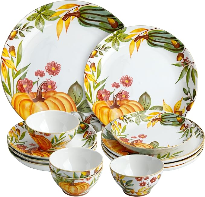 12-Piece Porcelain Dinnerware Set Service for 4 Pumpkin Pattern Plates &amp Bowls Microwave and Dishwasher Safe Dinnerware Set