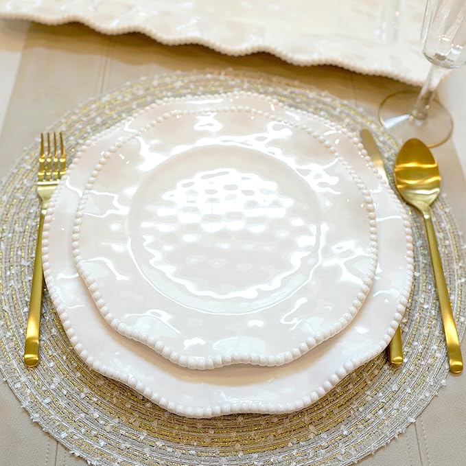 Perlette Off-White Beaded 12-Piece Dinnerware Set – Includes 4 Dinner Plates 4 Salad Plates 4 Bowls (7.5 x 2 22 oz) – Elegant Unbreakable Melamine Heavyweight Perfect for Indoor/Outdoor Dining