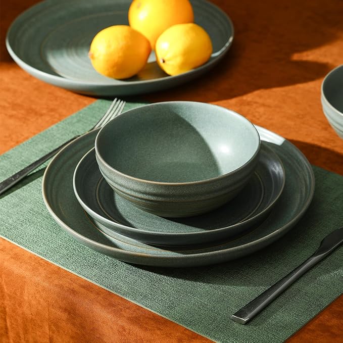 Stone Lain Elio 12-Piece Dinnerware Set Stoneware Plates and Bowls Set Dish Set for 4 Green