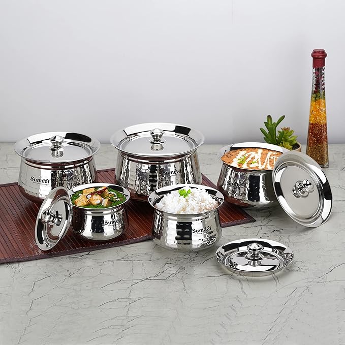 Sumeet Stainless Steel Handcrafted Hammered Texture Handi Set with Lid for Kitchen Set of 5 460ml 650ml 950ml 1300ml &amp 1700ml Silver