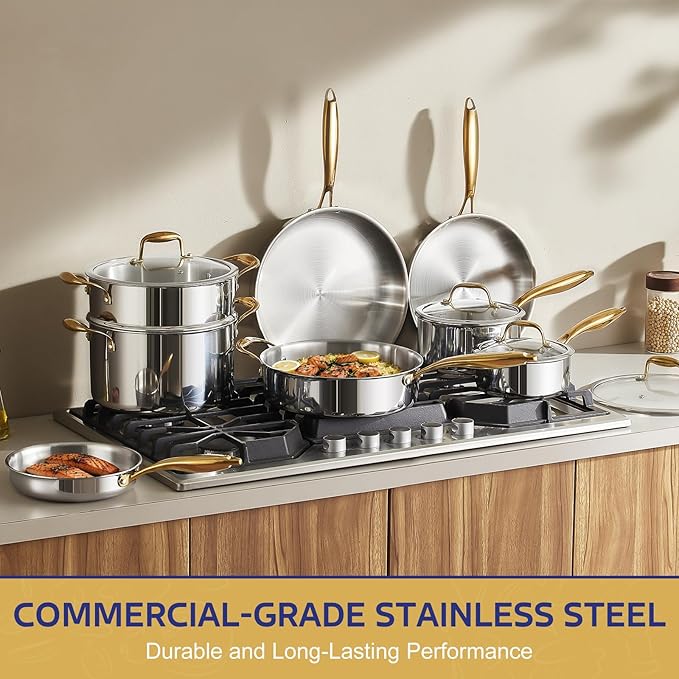 Triple Ply Stainless Steel Pots and Pans Set EWFEN 12 Piece Induction Cookware Set Oven Dishwasher Safe | Frying Pans Saucepans Saute Pan &amp Stock Pot PFOA Free Kitchen Skillet Gold