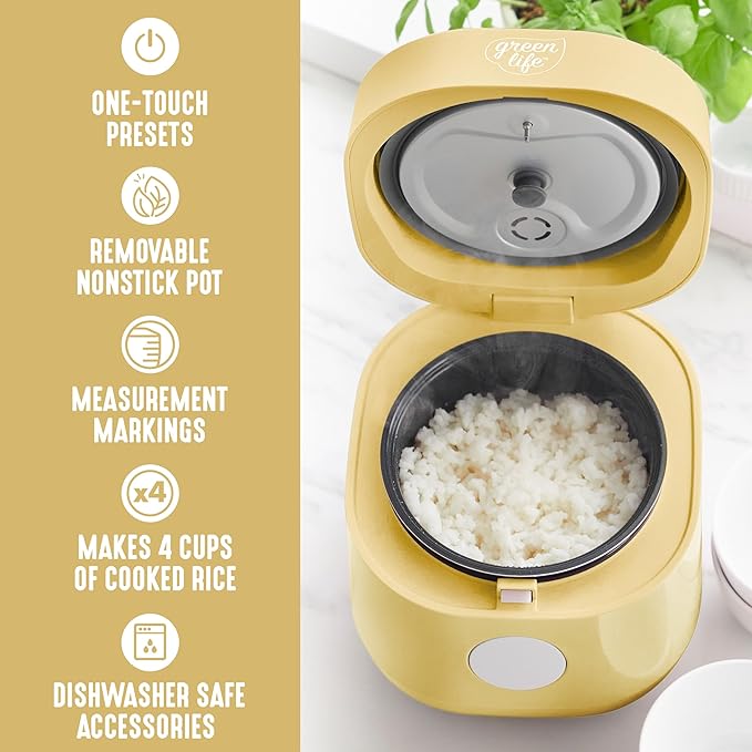 GreenLife Digital Rice Cooker 2-Cups Uncooked/4-Cups Cooked Removable Nonstick Ceramic PFAS-Free Pot One-Touch Presets Oats Quinoa Brown Rice Auto Keep Warm Fuzzy Logic Tech 1.5QT Butter Yel
