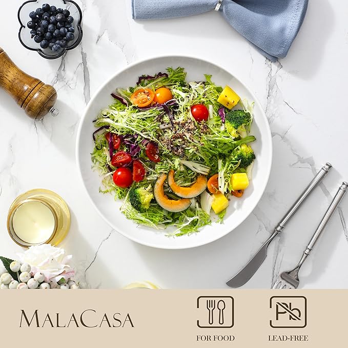MALACASA 12 Pieces Porcelain Dinnerware Set Bundles 10 Large Pasta Bowls 56 OZ White