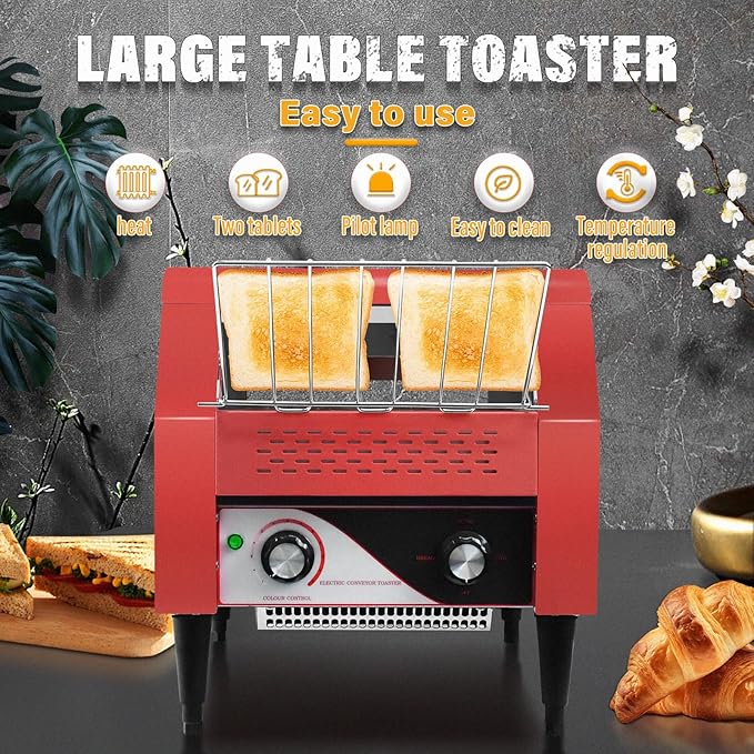 Commercial Conveyor Toaster 300 Slices/Hour Red Conveyor Toaster 3 Modes/7 Speeds Stainless Steel Tabletop Toaster for Toast Bagels and Other Baked Breads