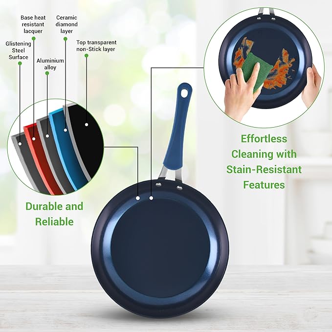 NutriChef 11 Piece Pots and Pans Set - Non Stick Cookware Set with Ceramic Coating Cool-Touch Handles Induction Ready Includes Lids and Utensils - Diamond Blue