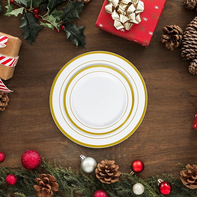 JollyPack 100 Piece Disposable Gold Plastic Party Plates Including 50 10 Inch Dinner Plates and 50 7 Inch for Dessert Great for Parties Weddings Home Use and Thanksgiving