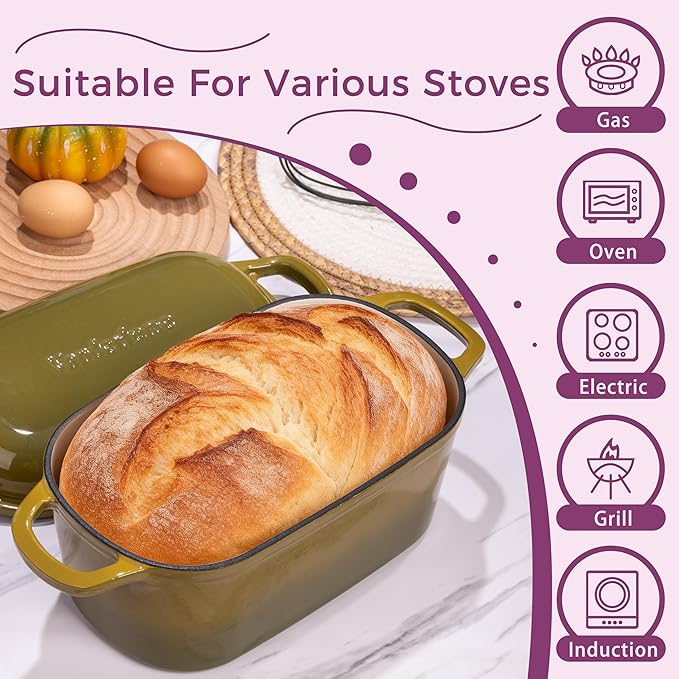 4.6-Quart Oval Dutch Oven 2 in 1 Cast Iron Bread Pan with Lid Sourdough Bread Dutch Oven for a Crispy Crust Olive