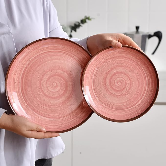 12Pcs Melamine Dinnerware Set Plates And Bowls Sets for 4 Pink Color Dinnerware Sets Melamine Plates Bowls Indoor and Outdoor Use Dish Set Dishwasher Safe BPA Free(Pink)