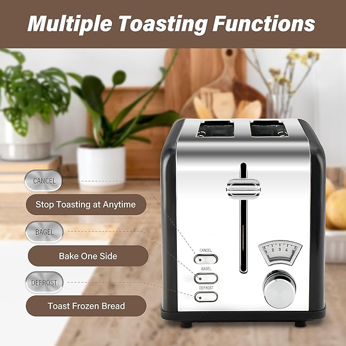 YSSOA 2-Slice Toaster with Extra Wide Slot &amp Removable Crumb Tray 5 Browning Setting and 3 Function: Bagel/Defrost/Cancel Retro Stainless-Steel Style Compact Oven for Bread &amp Waffle New B
