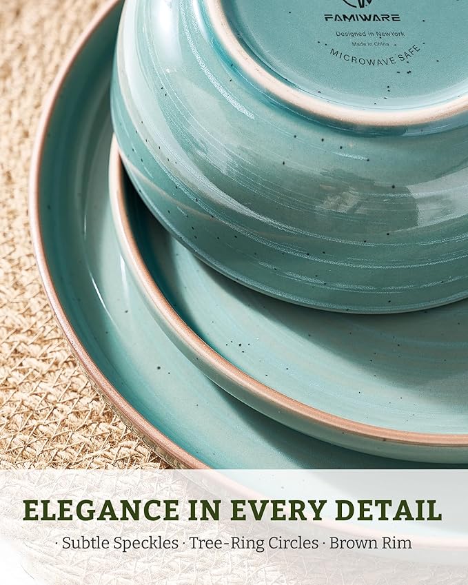 Famiware Meteor Plates and Bowls Sets for 4 12 Pieces Dinnerware Sets Microwave and Dishwasher Safe Dishes Set Peacock Green