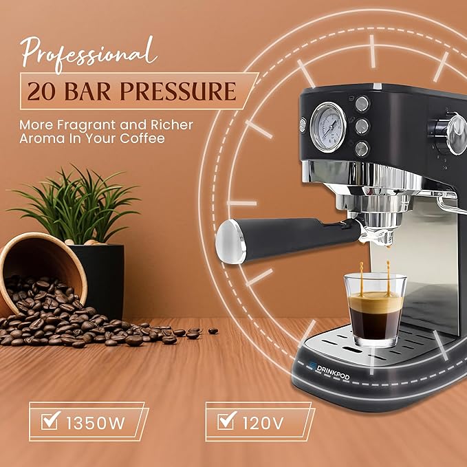 DRINKPOD 20 Bar Espresso Machine – Coffee &amp Espresso Maker Combo with Milk Frother Steam Wand Stainless Steel Cup Plate and 1.5L Removable Water Tank – High Pressure Espresso Maker