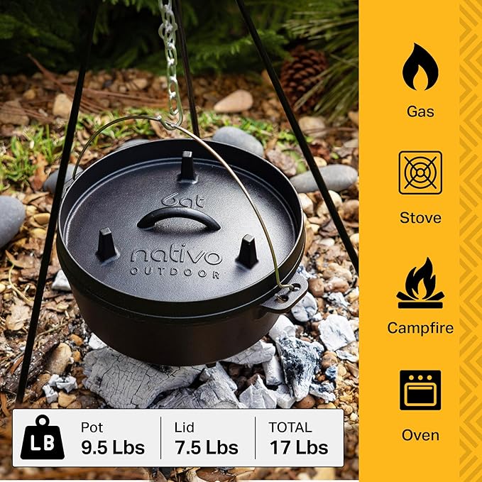 NATIVO 6QT Pre-Seasoned Outdoor Cast Iron Dutch Oven Pot with Multipurpose Lid Dutch Oven for Camping and Outdoor Cooking using Fire and Coals With Legs and Reversible Lid Grill