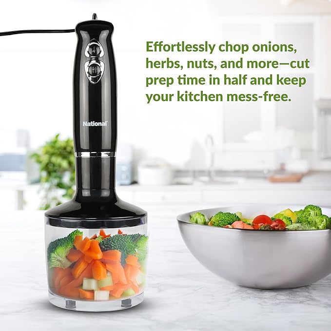 National NA-3104HB 4-in-1 Multi-Purpose Immersion Hand Blender Blend Puree Mash Chop and Whisk Two Speeds Splash Control and ETL Approved with Interchangeable Attachments (Black)