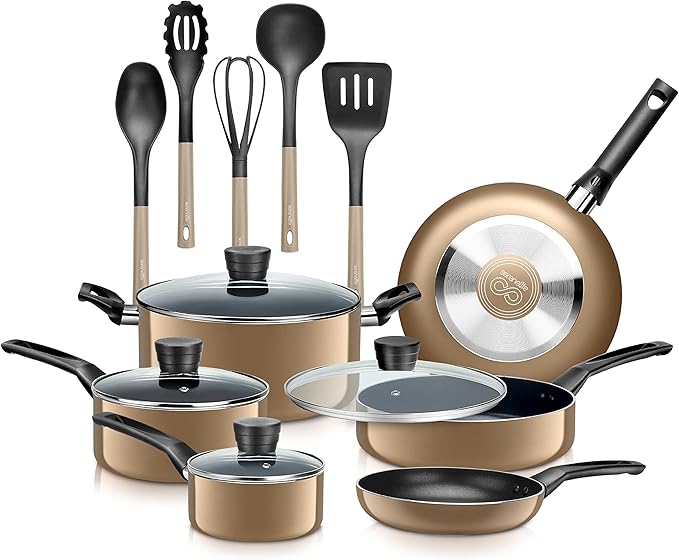 SereneLife Kitchenware Pots &amp Pans Basic Kitchen Cookware Black Non-Stick Coating Inside Heat Resistant Lacquer (15-Piece Set) One Size Gold