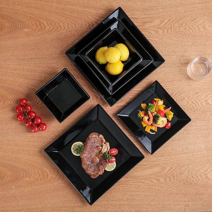 DOMINI 12-Piece Square Dinnerware Set Service for 4 Porcelain Dishes Dinner Square-Black