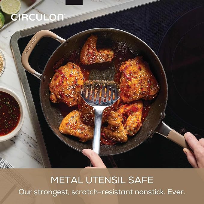 Circulon A1 Series with ScratchDefense Technology Nonstick Induction Pots and Pans Metal Utensil Safe Includes Splatter Guard Slotted Turner and Silicone Trivets 10 Piece Cookware Set - Champagne