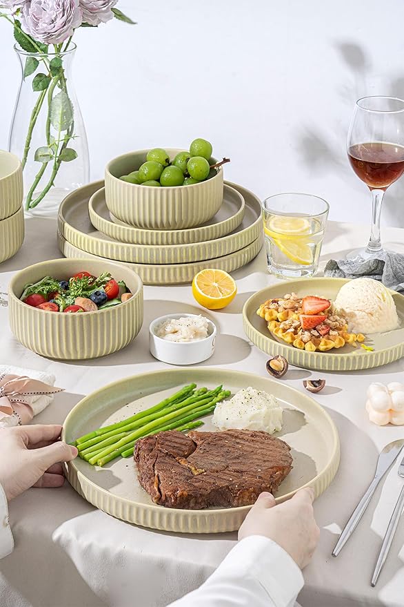 24 Piece Green Dinnerware SetCeramic Plates and Bowls Set for 8 – Calm Dish Set for Soft Gatherings Wellness Homes &amp Easy Eleg