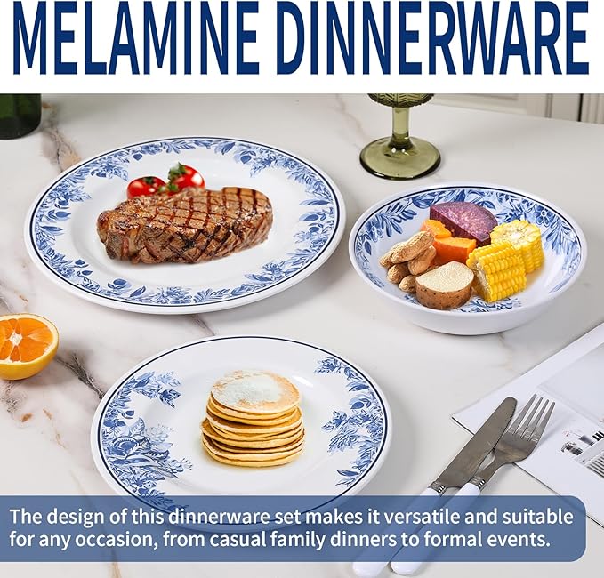 Melamine Dinnerware Sets-12pcs Floral Dinnerware Set Service for 4 Blue White Plates and Bowls Sets Dishwasher Safe Break-resistant Outdoor Camping Picnics Use Reusable Traditional Flower