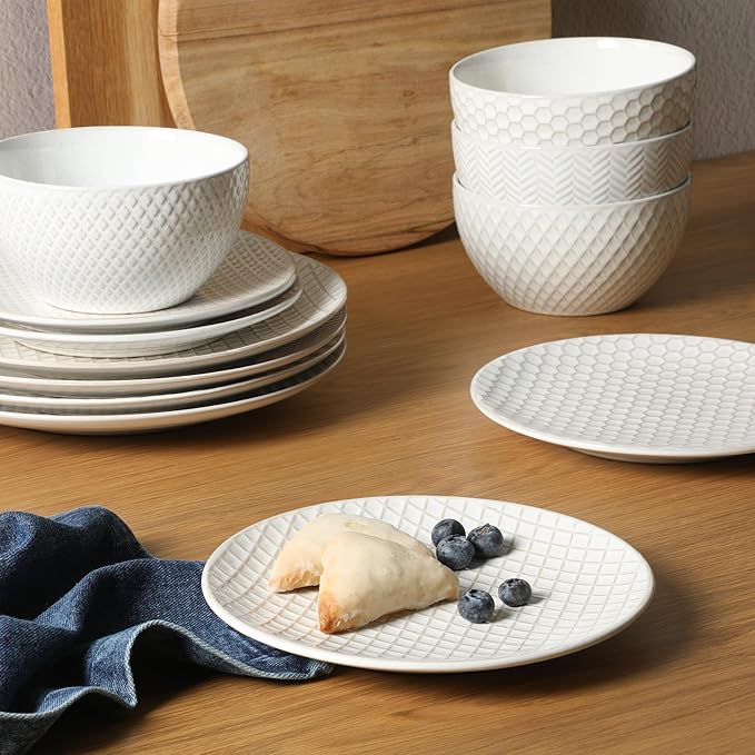 Gibson Elite Oyster Tide Embossed 12 Piece (Service for 4) Plates and Bowls Reactive Glaze Round Dishes Stoneware Ceramic Dinnerware Set White