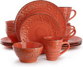 Elama Malibu Jasper 16-Piece Stoneware Embossed Pattern Reactive Glaze Orange Dinnerware Set Tableware Serveware Set (Jasper Orange)