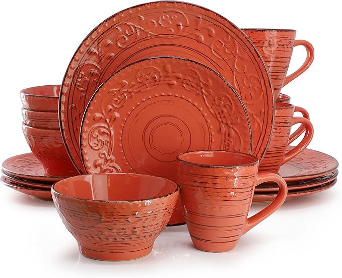 Elama Malibu Jasper 16-Piece Stoneware Embossed Pattern Reactive Glaze Orange Dinnerware Set Tableware Serveware Set (Jasper Orange)