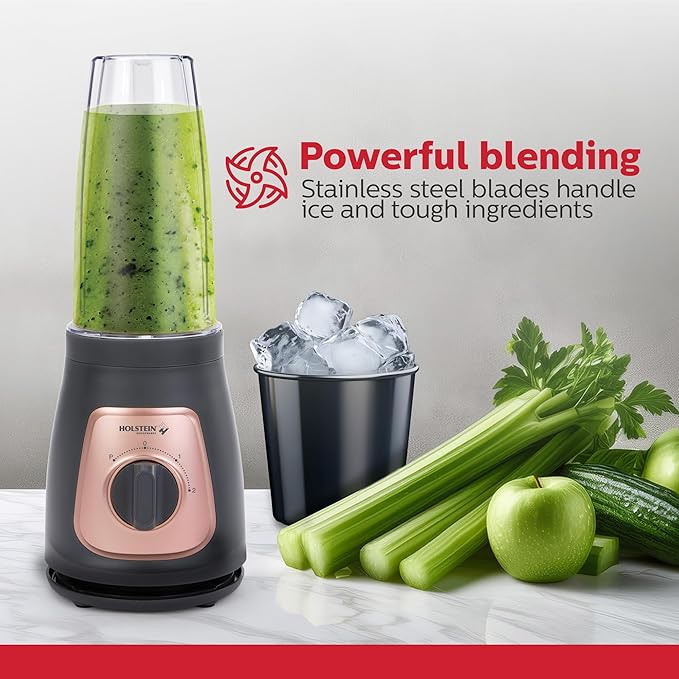 Holstein Housewares Personal Blender – 25 oz Travel Jar Two-Speed Knob with Pulse Function Stainless Steel Blades Compact &amp Portable Cool Grey/Rose Gold