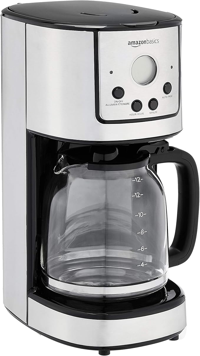 Amazon Basics Programmable Coffeemaker with Carafe and Reusable Filter Stainless Steel 12 Cups Black