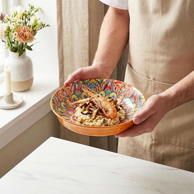 YA JU Mandala Dinnerware Sets (12 Pcs) Serves 4 Buffet Dinnerware Boho Plates and Bowls Dish Set with 8 salad Plate 8 Dessert Plate 4.8 bowl apply Casual dining Indoor Outdoor Dining Party