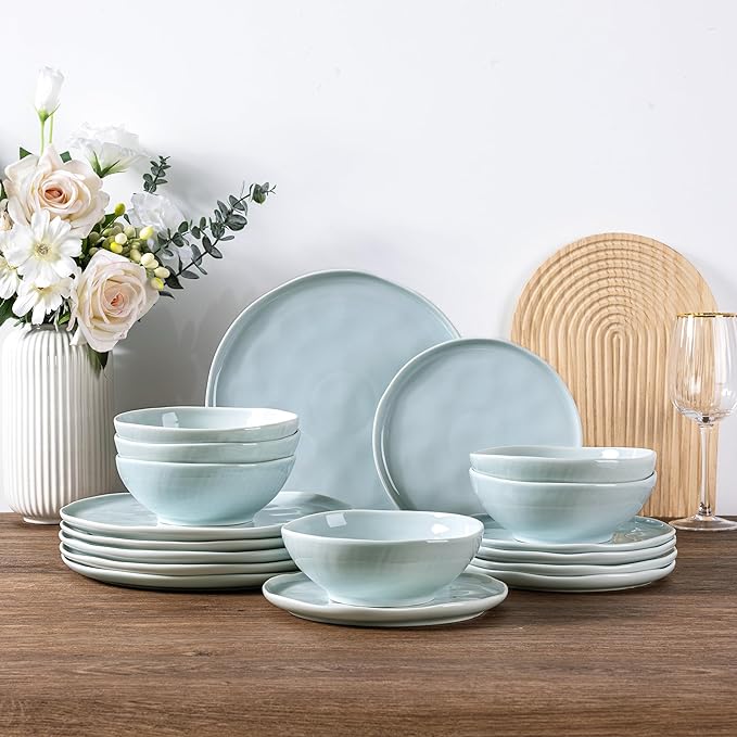 LERATIO Ceramic Dinnerware Sets for 6Porcelain Plates and Bowls Sets with Wavy EdgeMicrowave &amp Dishwasher &amp Oven SafeLight Weight &amp Scratch Resistant Dishes Sets-Light Blue(18pcs)