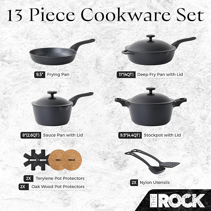 THE ROCK 1TSP 13PCS Cookware Set – Pots and Pans Set Non Stick with ROCK.TEC – Nothing Sticks Never Warps Lasts Longer – Healthy Multifunctional All-in-One Fry Pan Saucepan Stockpot &amp More