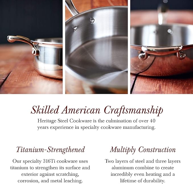 Heritage Steel 10 Piece Cookware Set - Made in USA - Titanium Strengthened 316Ti Stainless Steel with 5-Ply Construction - Induction-Ready and Fully Clad