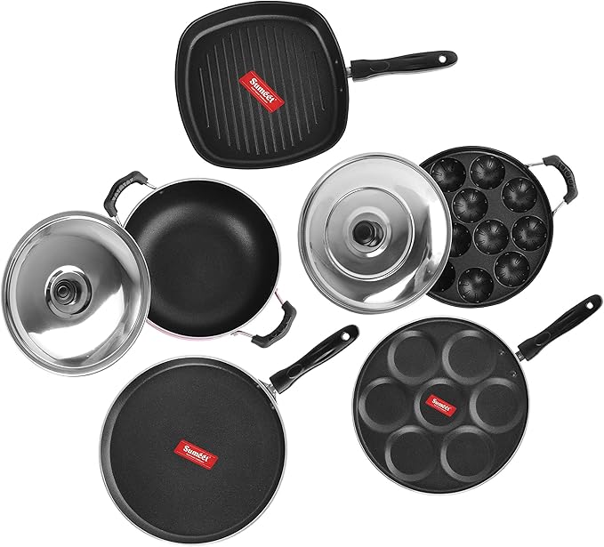 Sumeet 2.6mm Thick Non-Stick Rubrum Cookware set (Dosa Tawa – 26.5cm Dia + Multi snack maker – 26.5cm Dia + Kadhai With Lid – 1.5Ltr + Grill Appam Patra With Lid – 23cm Dia + Grill Pan – 1.1Ltr)