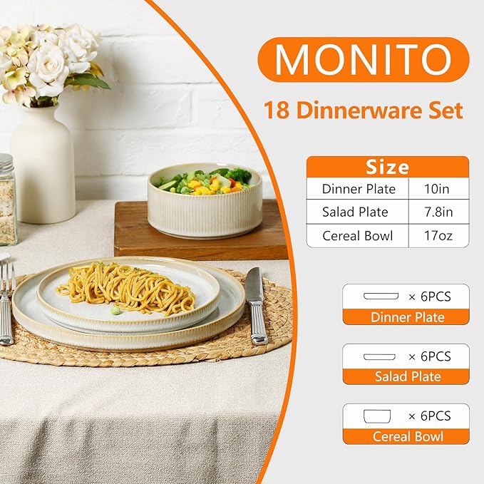 MONITO Ceramic Dinnerware Sets for 6 18PCS Stoneware Plates and Bowls Sets Reactive Glaze Dish Set Chip and Scratch Resistant Double Microwave and Dishwasher Safe Beige