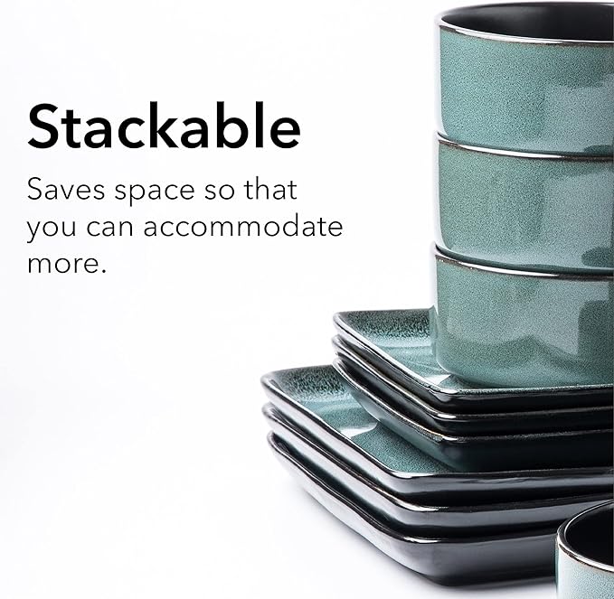 FLACKAR Square Stoneware Dinnerware Set for 4 Dinner Plates Side Plates Cereal Bowls Mugs - Reactive Glaze Turquoise (497248) 16 Count (Pack of 1)