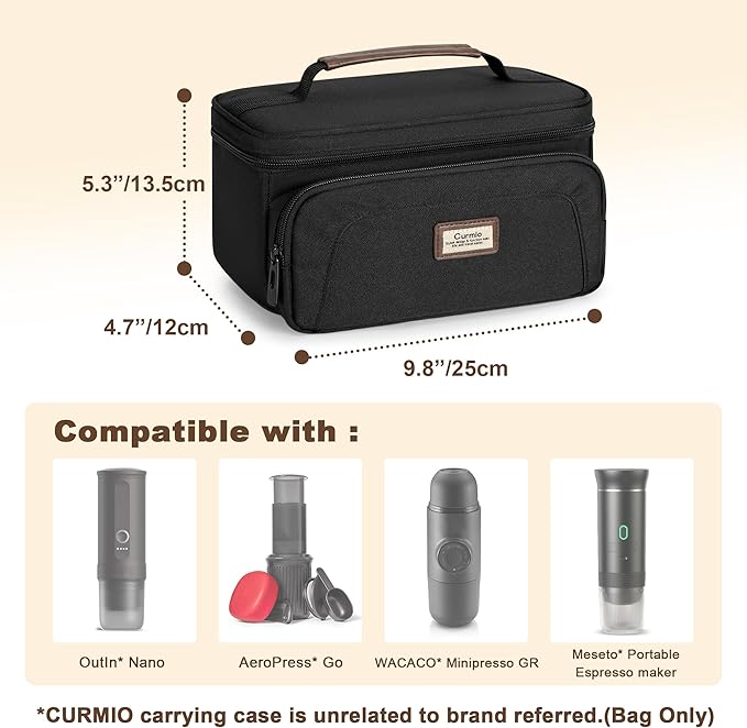 CURMIO Carrying Case Compatible with OutIn Nano Portable Electric Espresso Machine Camping Coffee Maker Travel Bag with Pockets for Capsules and Accessories Black