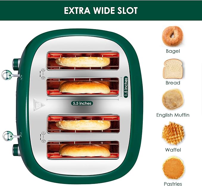 Roter Mond 4 Slice Toaster Retro Stainless Steel with Bagel Defrost Cancel Function 6 Browning Settings Extre Wide Slot and Removable Crumb Tray Green ST033