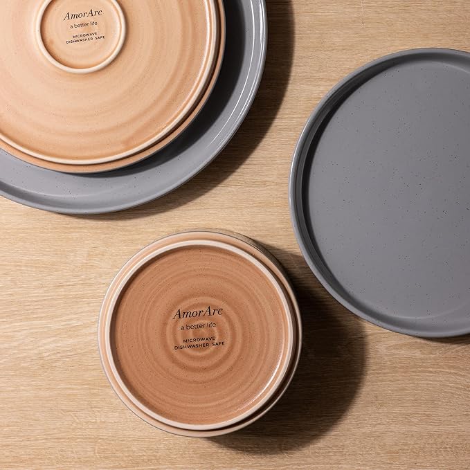 AmorArc Ceramic Dinnerware Set for 8 | Speckled Stoneware Plates and Bowls with Rustic Terracotta Underside| Scratch ResistantDishwasher &amp Microwave Safe Dishes Sets- 24pcs Gray