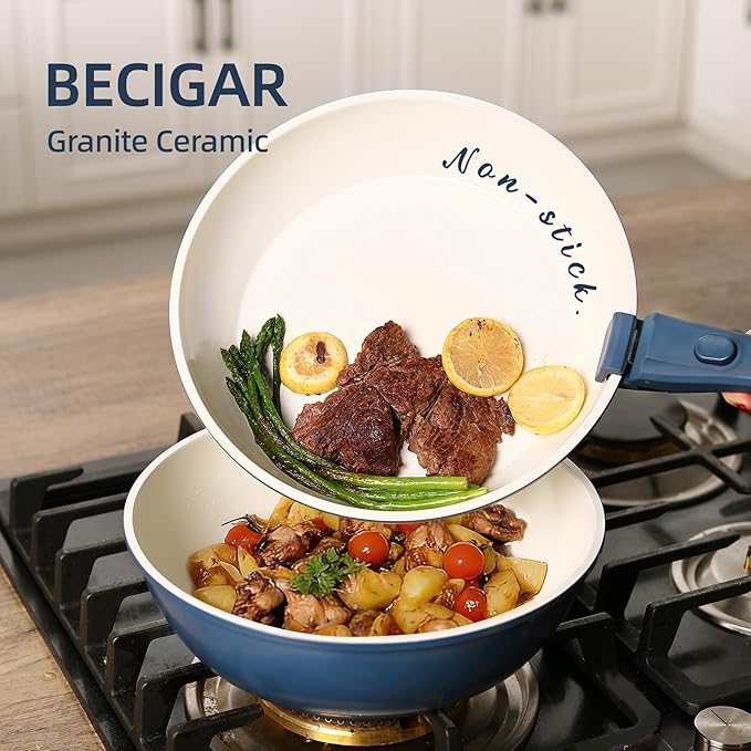 23pcs Ceramic Pots and Pans Set Nonstick Detachable Handle Cookware Induction Kitchen Cooking Set with Removable Handleinclude Frying Pans &amp Saucepans Oven Safe(Blue)