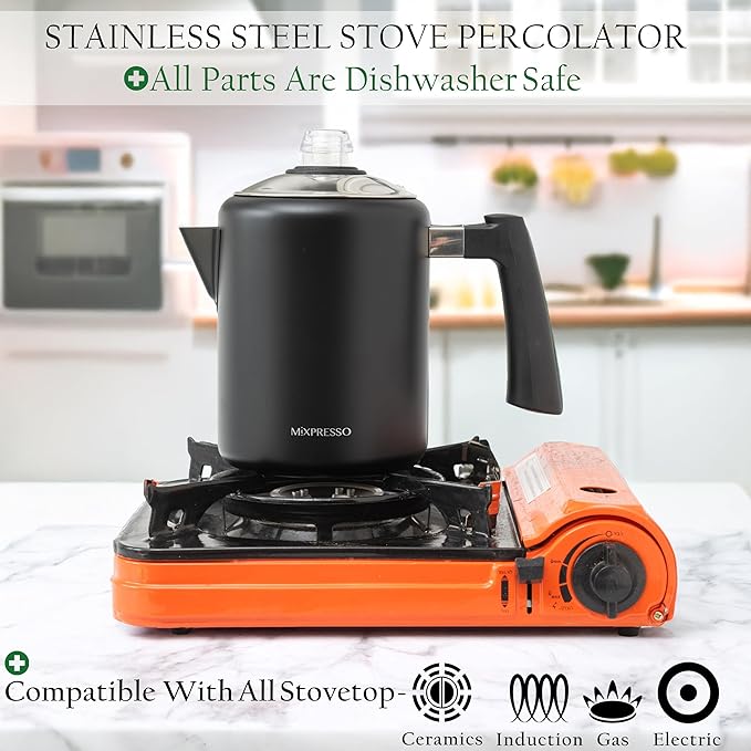 Mixpresso Black Stainless Steel Coffee Percolator Stovetop 37oz Classic Percolator Coffee Pot Great For Camping Pot 5-8 Cup Stove Top Espresso Maker Cool-Touch Handle