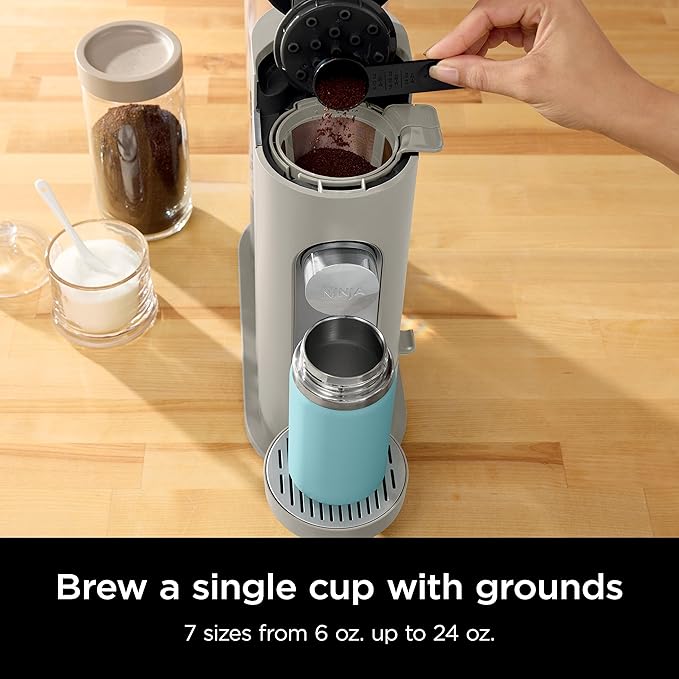 Ninja Pods &amp Grounds Single-Serve Coffee Maker K-Cup Pod Compatible Brews Grounds Compact Design 56-oz. Reservoir 6-oz. Cup to 24-oz. Travel Mug Brew Sizes Iced Coffee Maker Stone PB041ST