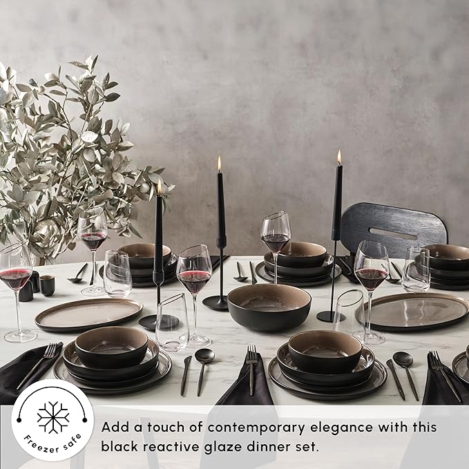Karaca Mercure 59 Piece Stoneware Plates and Bowls Set Reactive Glaze Black Dinner Set Complete Kitchen Tableware Collection Ideal Dinnerware for 12 People Dining Experience Dishwasher Safe