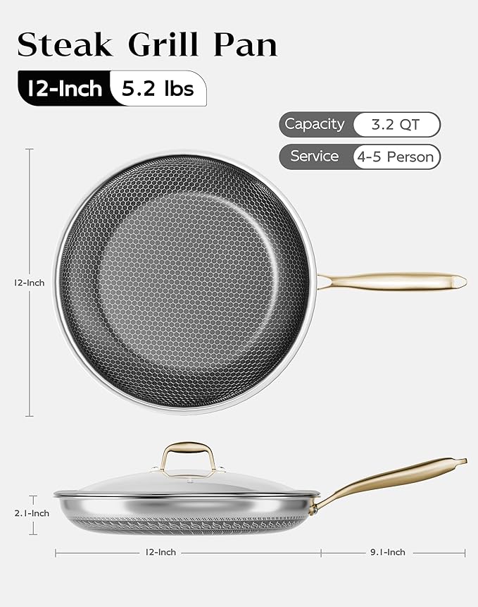 Honeycomb Stainless Steel Nonstick Frying Pan with Lid 12 Inch Induction Cooktop Compatible Skillet PFOA-Free Scratch-Proof Dishwasher &amp Oven Safe Stay-Cool Handle Gold Kitchen Cookware