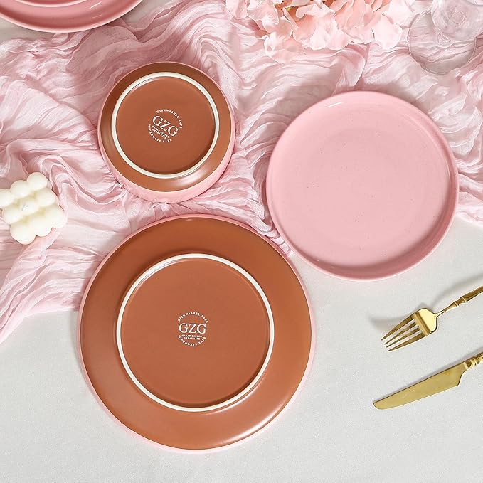 GZG Modern Art Series - 18 Pcs Speckled Stoneware Plates and Bowls Sets Ceramic Dinnerware Set with Rustic Terracotta Underside Microwave and Dishwasher Safe Handcrafted Dishes Set - Blush Pink